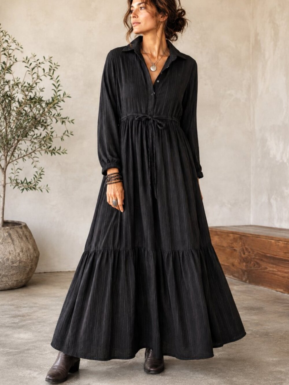 Black Crinkle Textured Tiered Maxi Dress Drawstring Waist L Whimsigoth Lagenlook
